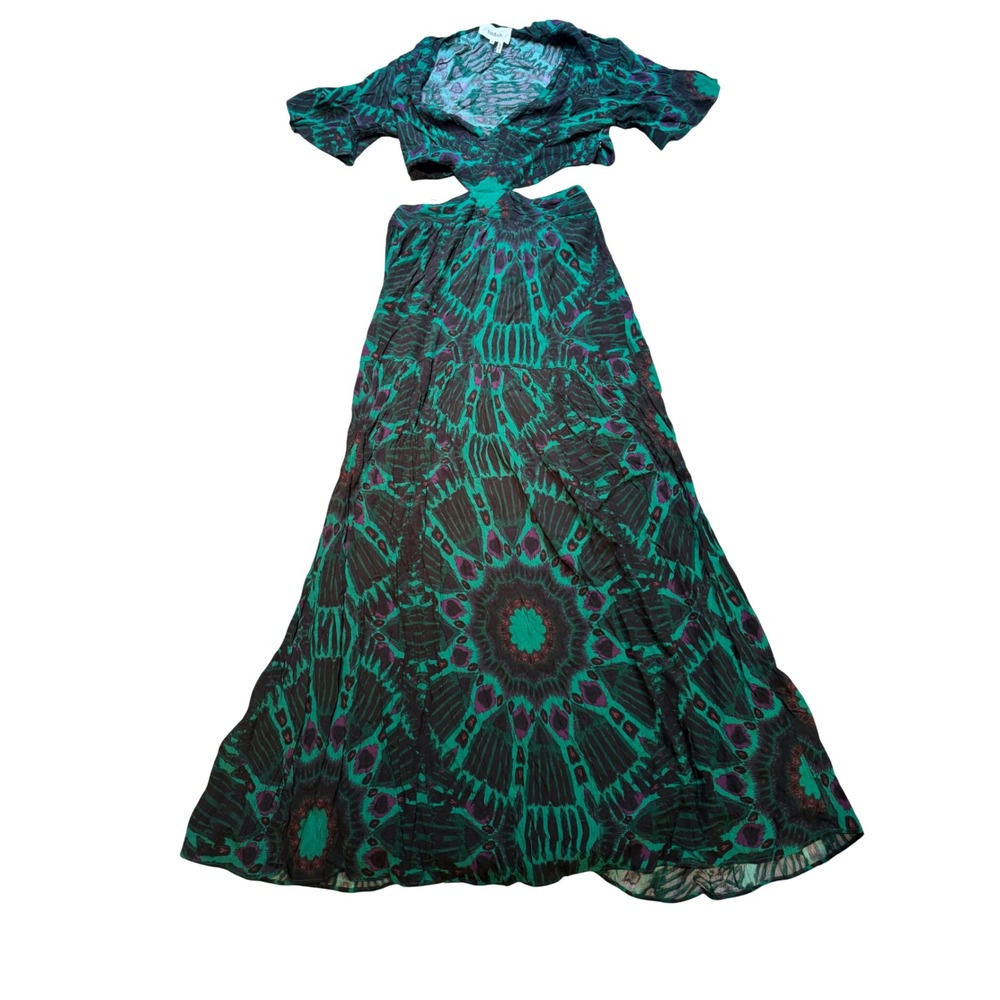 ba&sh Maxi‎ Dress Green Mandala Print Cutout V Neck Short Sleeve Size M